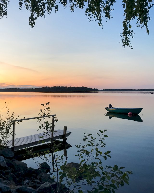 Koivu, laituri, vene ja upea auringonlasku järvellä.
